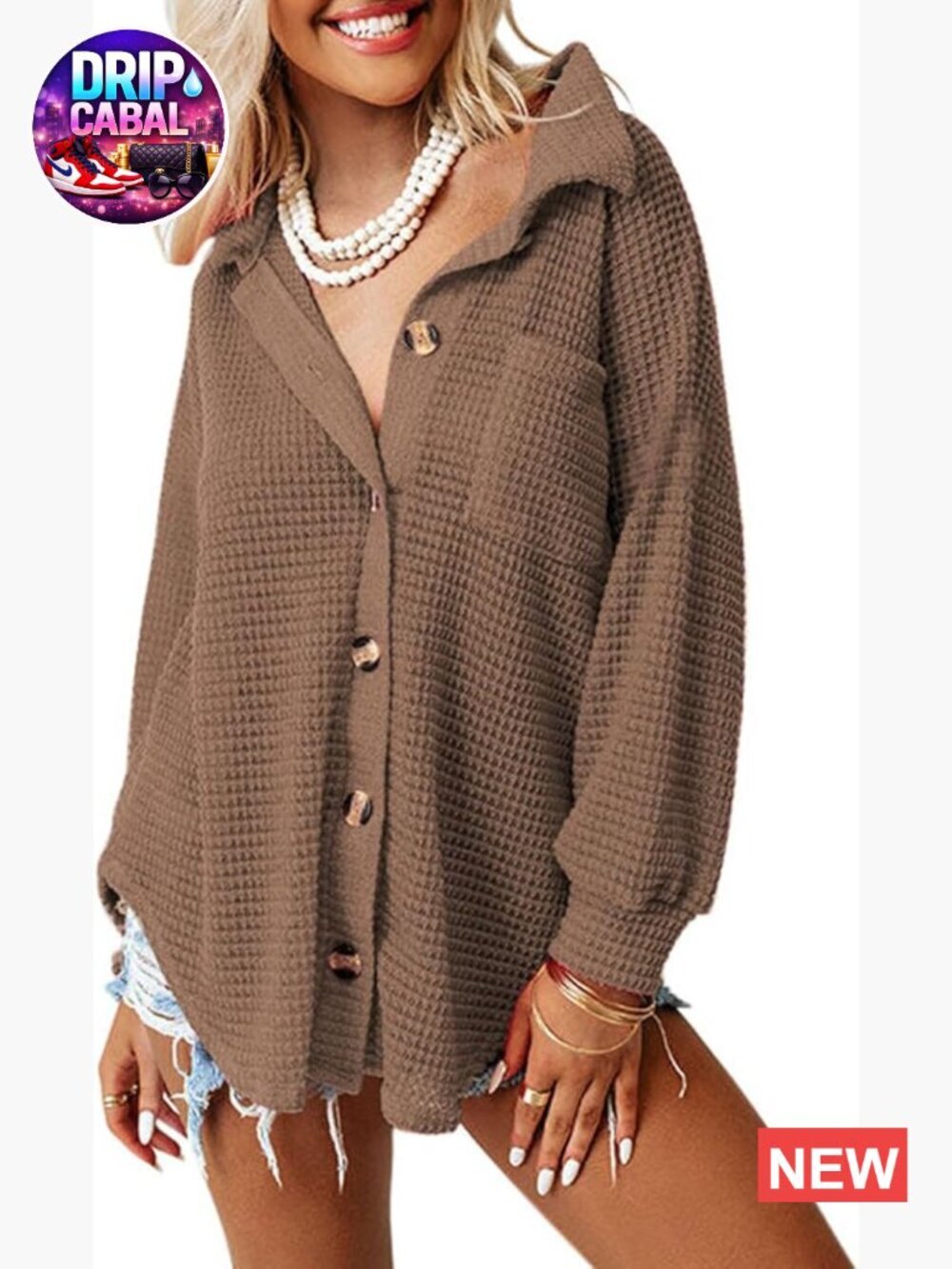Waffle Knit Button Down Long Sleeve Shacket Shirt